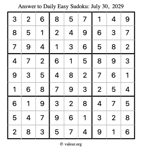 Answer to easy sudoku July 30, 2029