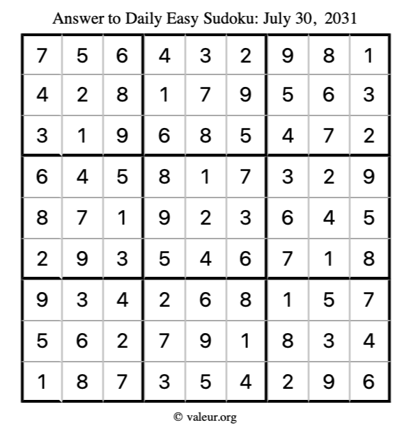Answer to easy sudoku July 30, 2031