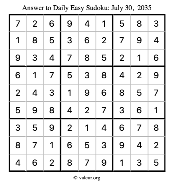 Answer to easy sudoku July 30, 2035