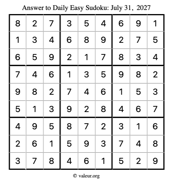 Answer to easy sudoku July 31, 2027