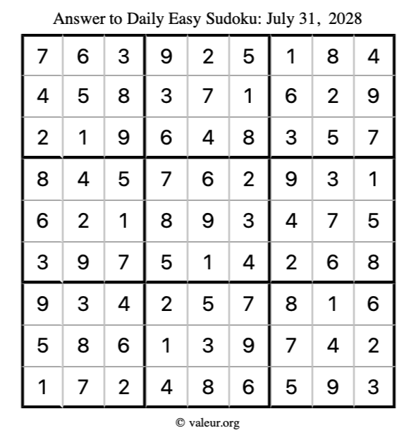 Answer to easy sudoku July 31, 2028