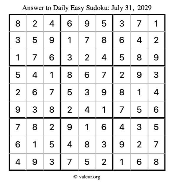 Answer to easy sudoku July 31, 2029