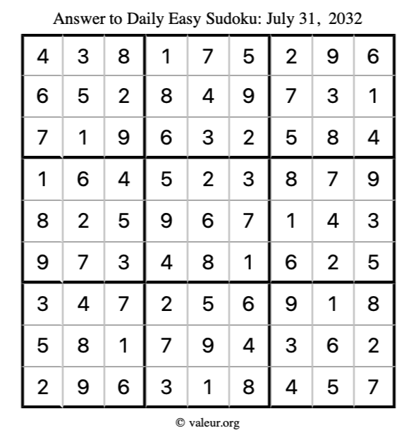 Answer to easy sudoku July 31, 2032