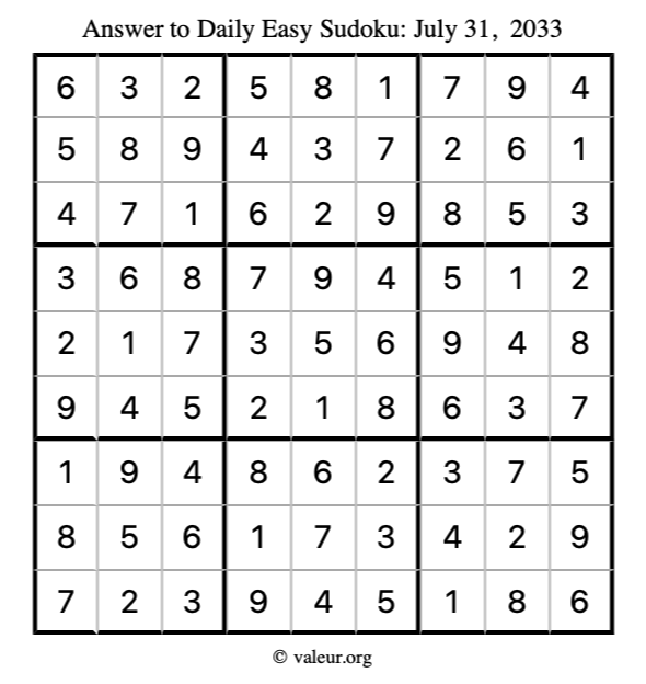 Answer to easy sudoku July 31, 2033
