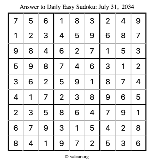 Answer to easy sudoku July 31, 2034