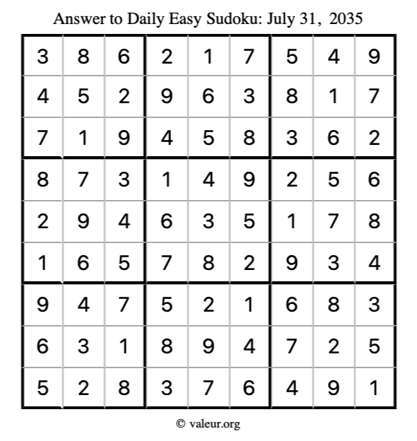 Answer to easy sudoku July 31, 2035
