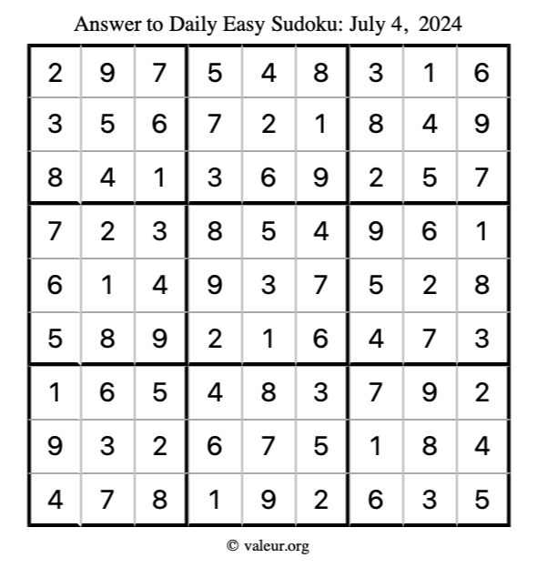 Answer to easy sudoku July 4, 2024