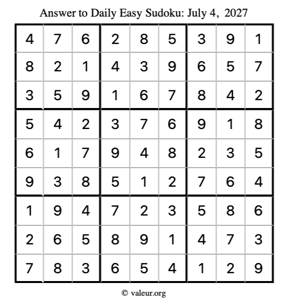 Answer to easy sudoku July 4, 2027