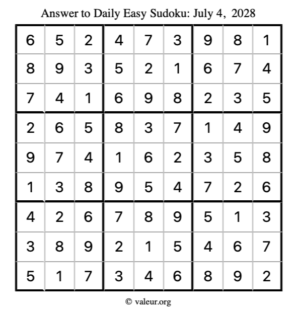 Answer to easy sudoku July 4, 2028