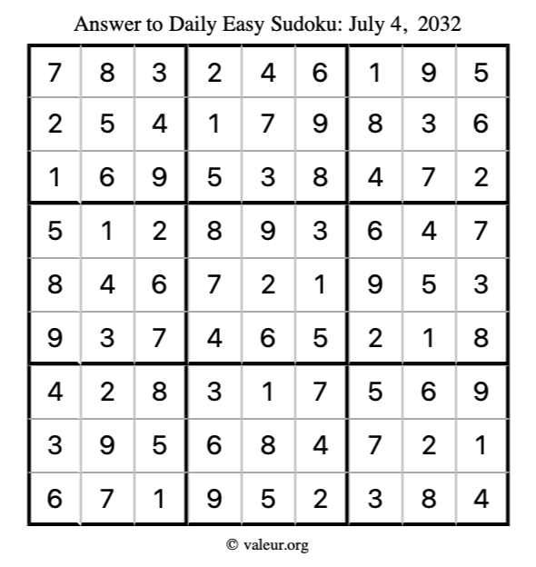 Answer to easy sudoku July 4, 2032