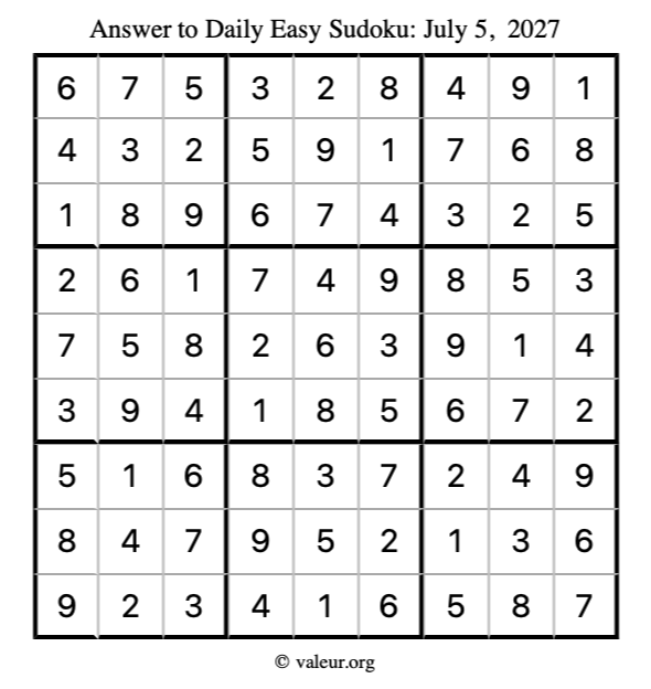 Answer to easy sudoku July 5, 2027