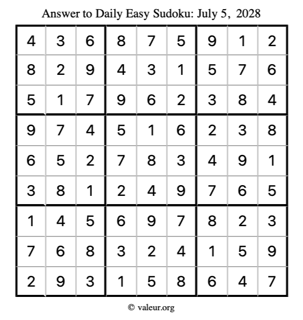 Answer to easy sudoku July 5, 2028