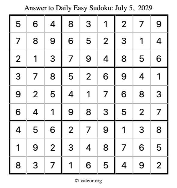 Answer to easy sudoku July 5, 2029