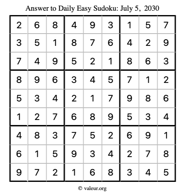 Answer to easy sudoku July 5, 2030