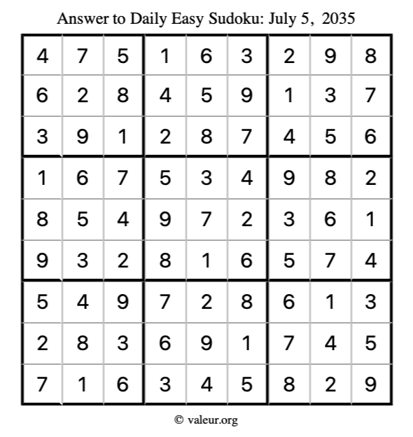 Answer to easy sudoku July 5, 2035
