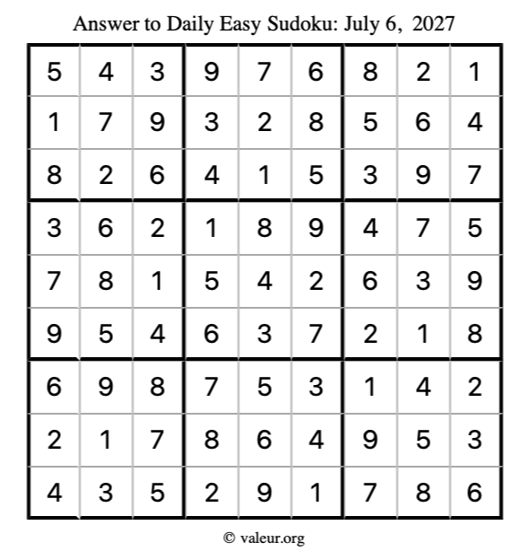 Answer to easy sudoku July 6, 2027
