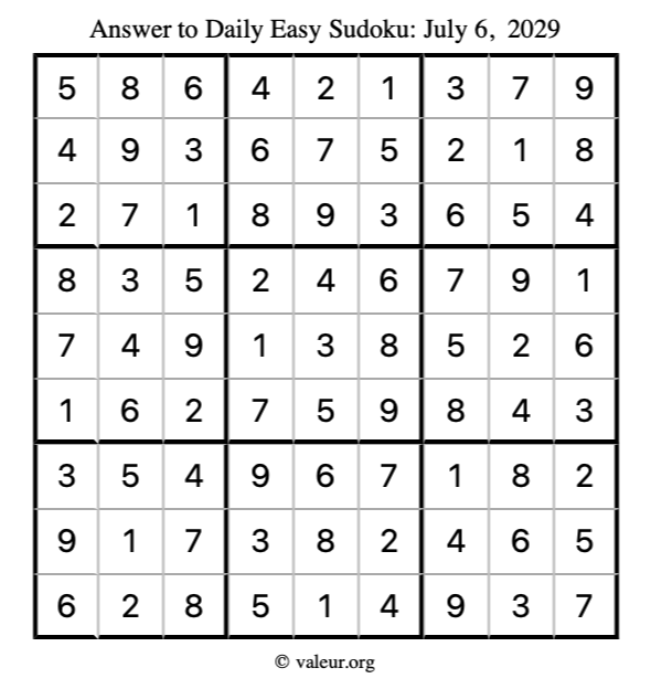 Answer to easy sudoku July 6, 2029
