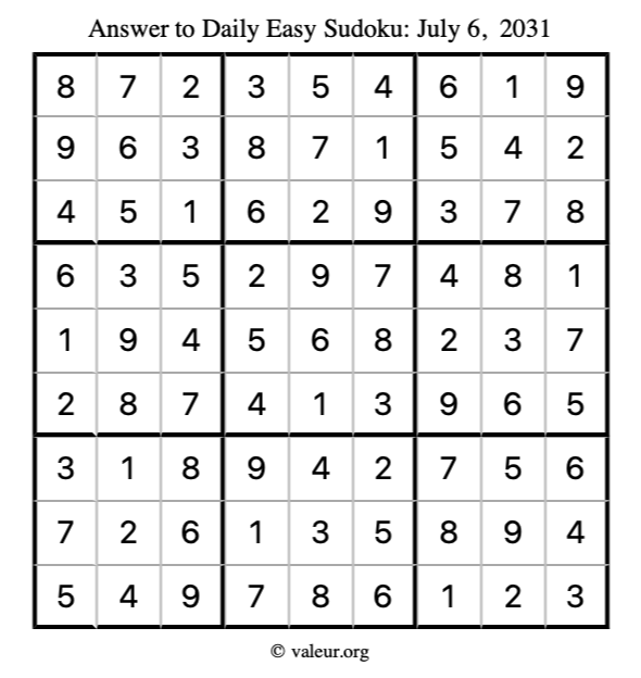 Answer to easy sudoku July 6, 2031
