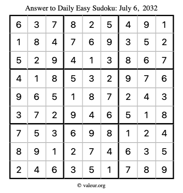 Answer to easy sudoku July 6, 2032