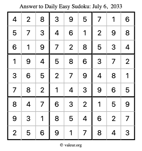Answer to easy sudoku July 6, 2033