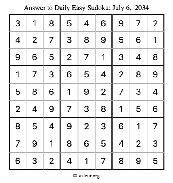 Answer to easy sudoku July 6, 2034