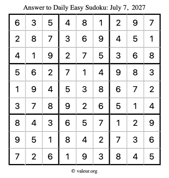Answer to easy sudoku July 7, 2027