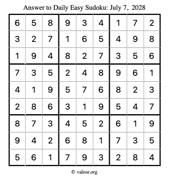 Answer to easy sudoku July 7, 2028