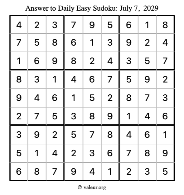 Answer to easy sudoku July 7, 2029