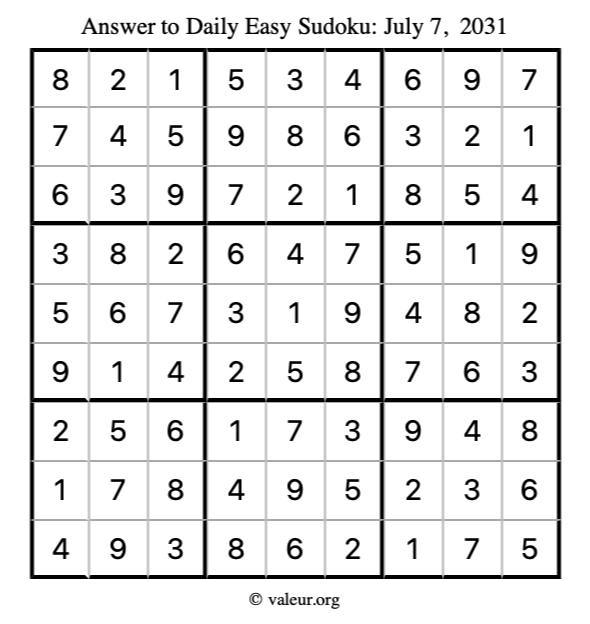 Answer to easy sudoku July 7, 2031