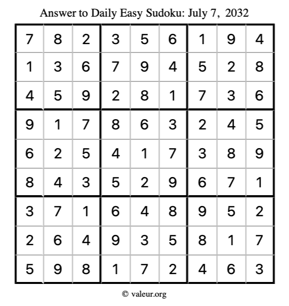 Answer to easy sudoku July 7, 2032