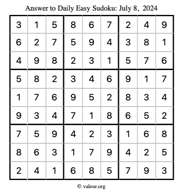 Answer to easy sudoku July 8, 2024