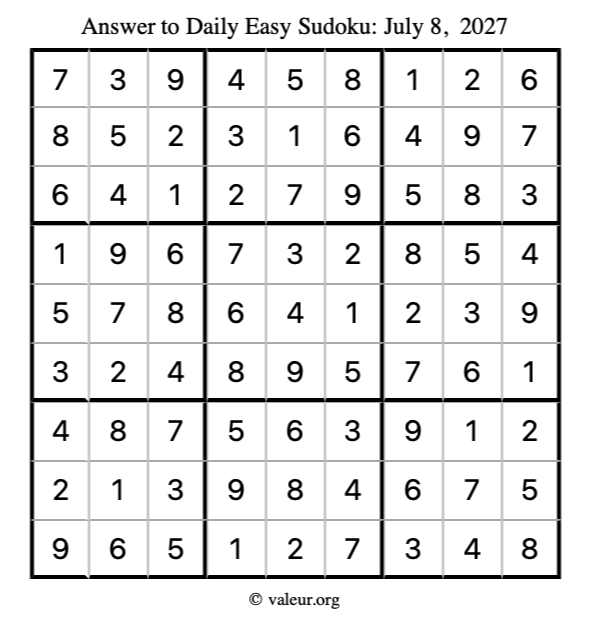 Answer to easy sudoku July 8, 2027