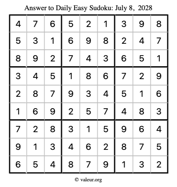 Answer to easy sudoku July 8, 2028