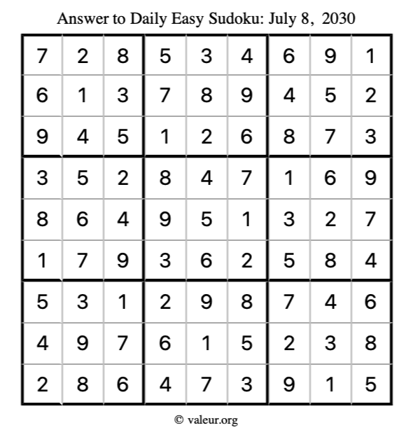 Answer to easy sudoku July 8, 2030