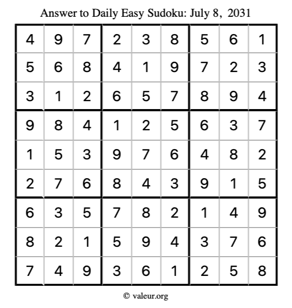 Answer to easy sudoku July 8, 2031