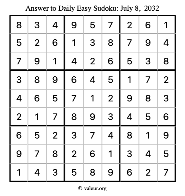 Answer to easy sudoku July 8, 2032