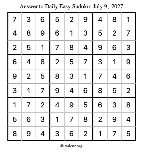 Answer to easy sudoku July 9, 2027