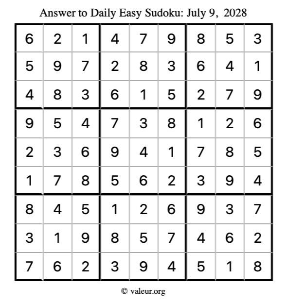 Answer to easy sudoku July 9, 2028