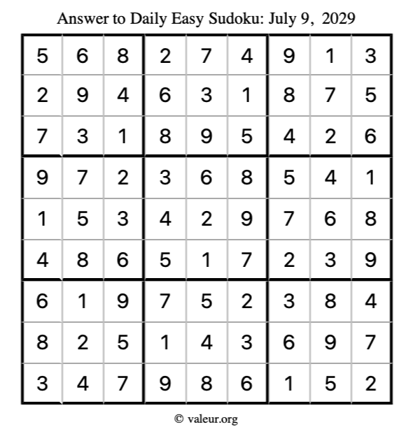 Answer to easy sudoku July 9, 2029