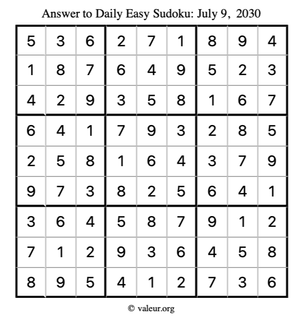 Answer to easy sudoku July 9, 2030