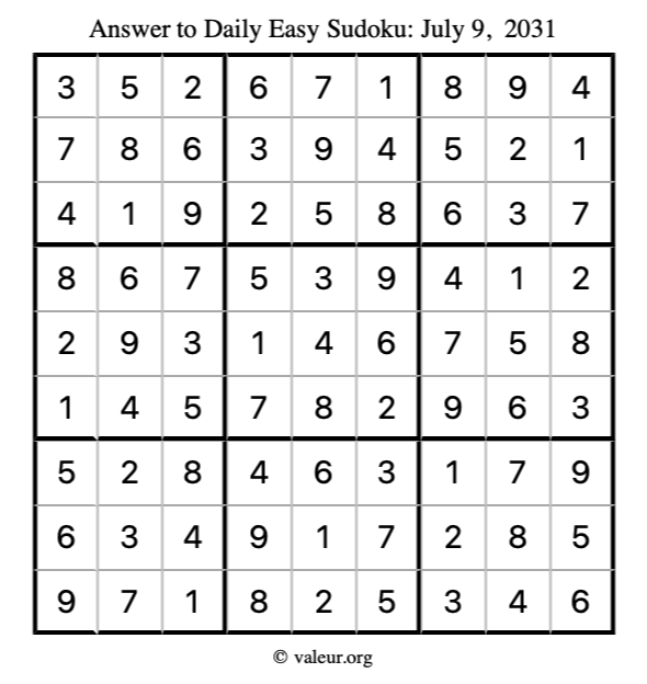 Answer to easy sudoku July 9, 2031