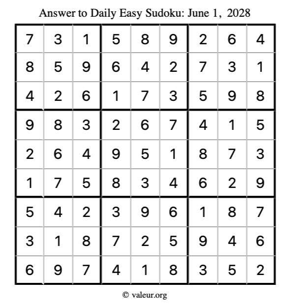 Answer to easy sudoku June 1, 2028