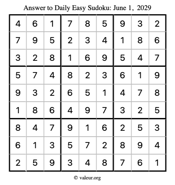 Answer to easy sudoku June 1, 2029