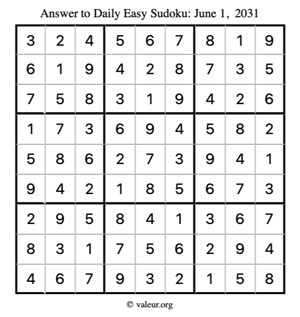 Answer to easy sudoku June 1, 2031