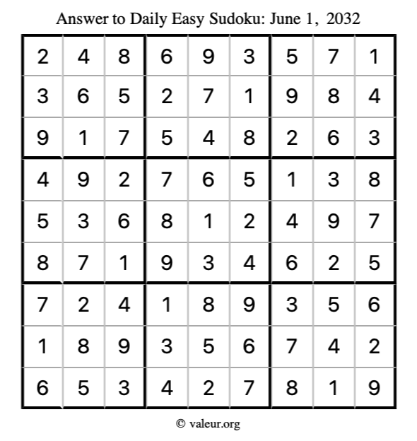 Answer to easy sudoku June 1, 2032