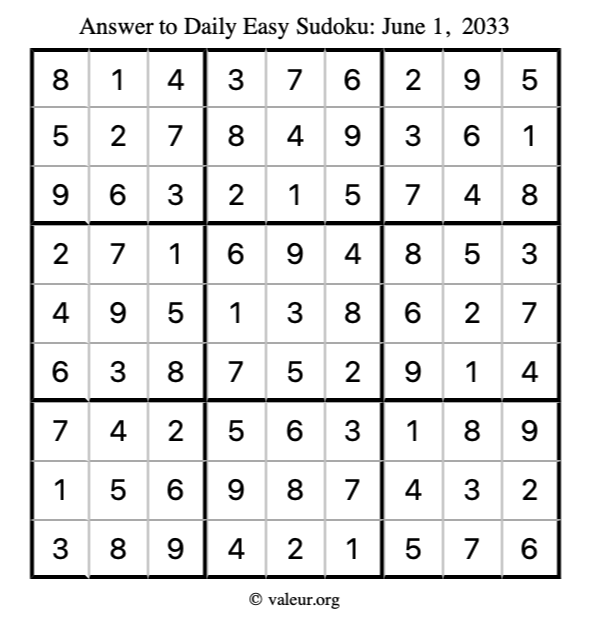 Answer to easy sudoku June 1, 2033