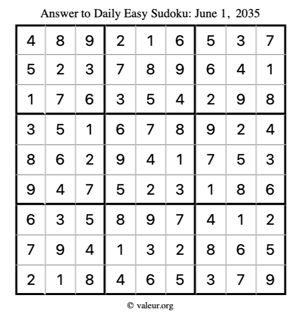Answer to easy sudoku June 1, 2035