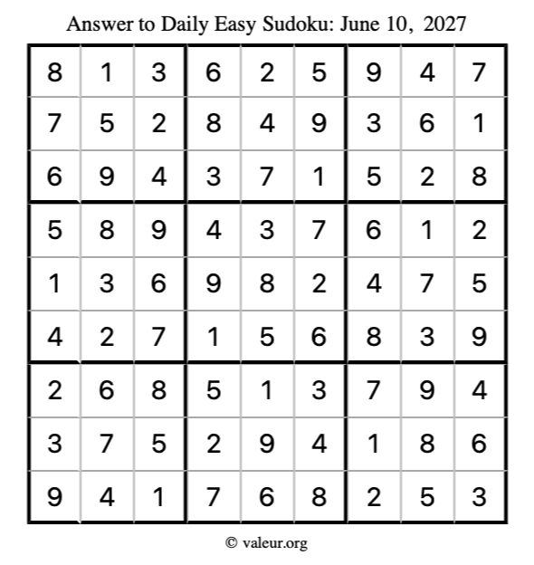 Answer to easy sudoku June 10, 2027