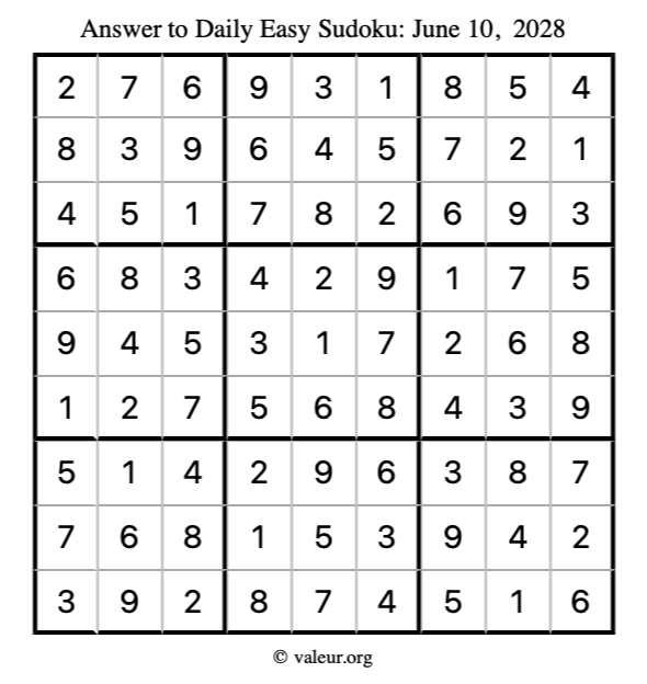 Answer to easy sudoku June 10, 2028