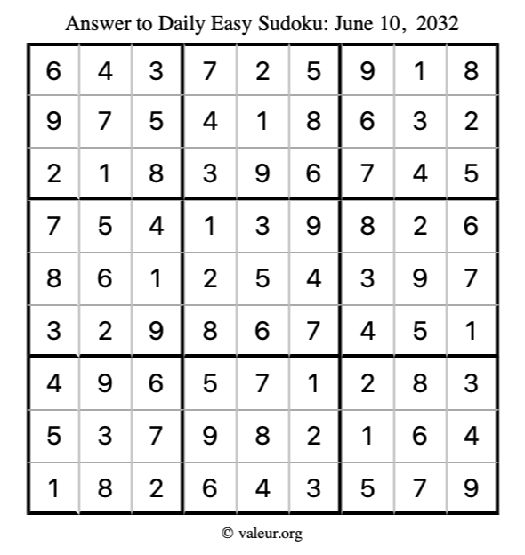 Answer to easy sudoku June 10, 2032